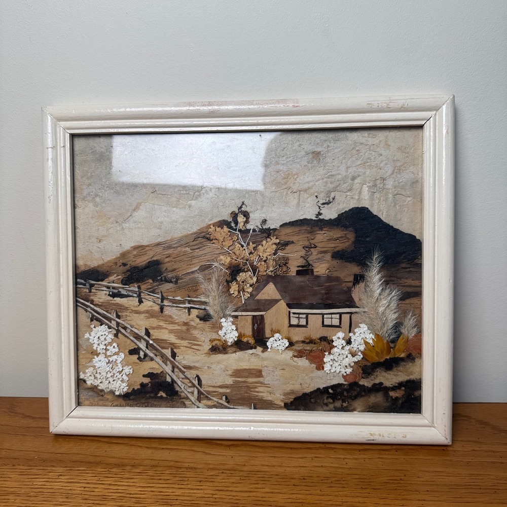 Vintage Mixed Media 3D floral Town Landscape Framed Artwork 12x10‎ SIGNED